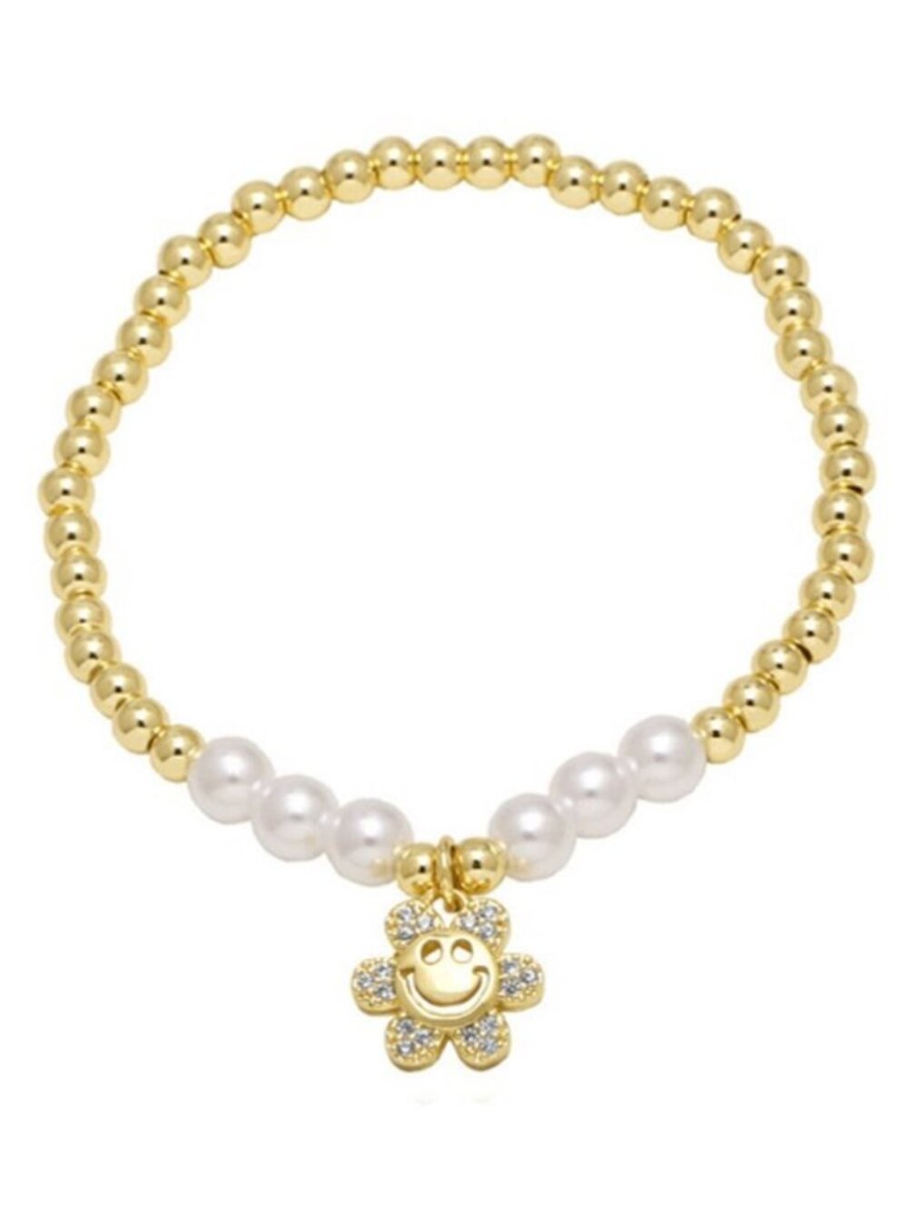 Free People Gold Tone Beaded Pearl Smiley Face Flower Charm Stretch Bracelet